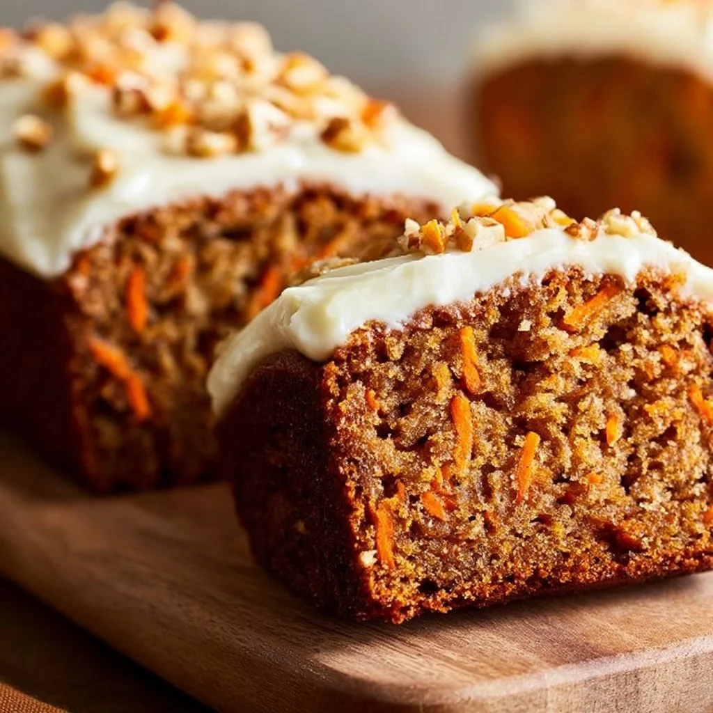 Freshly baked fluffy carrot cake banana bread with cream cheese frosting.