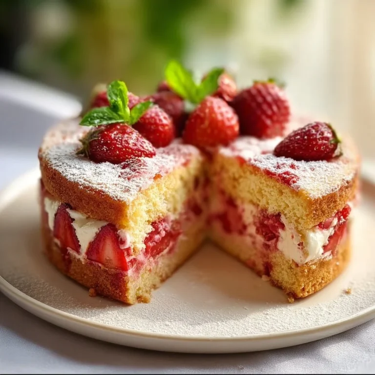 Beautifully decorated French Strawberry Cake with fresh strawberries and cream