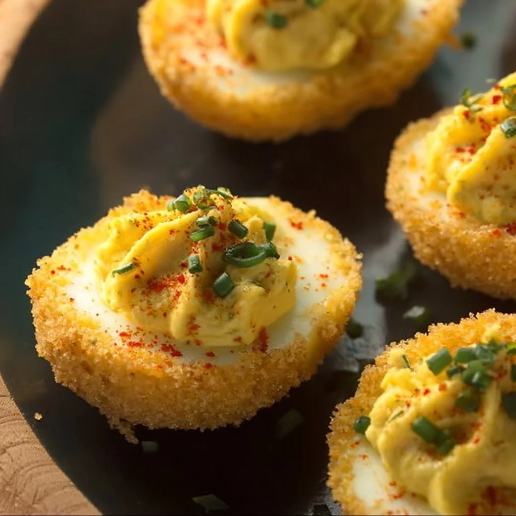 Crispy fried deviled eggs served on a plate as a delightful appetizer