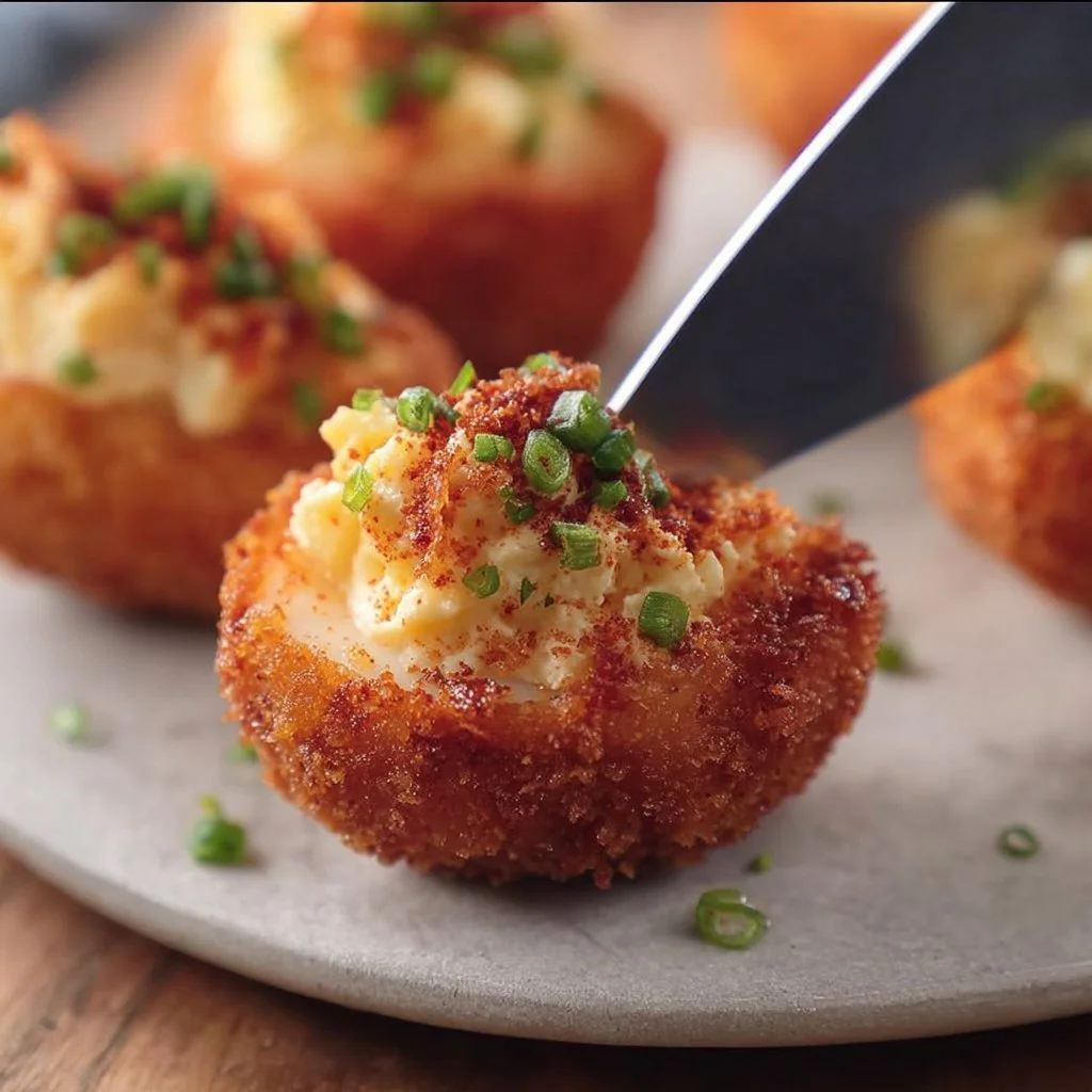 Delicious fried deviled eggs served on a plate with garnishes
