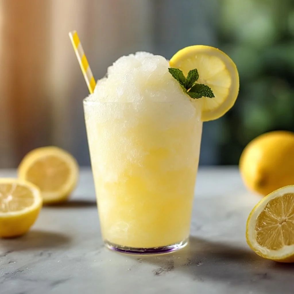 Frosted Lemonade Slush in a tall glass with a straw and lemon garnish