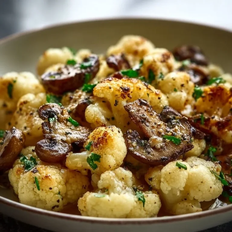 Sautéed garlic cauliflower and mushrooms in a skillet