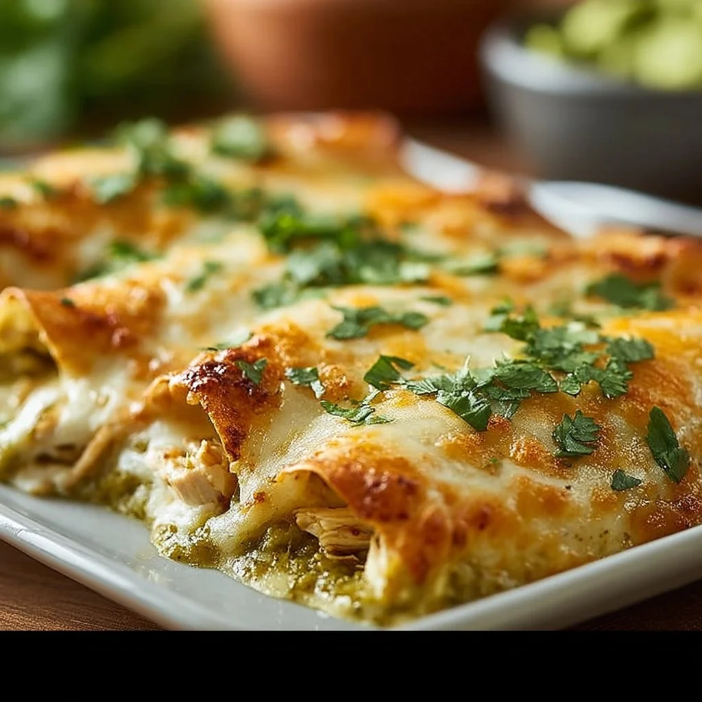 Plate of homemade green chicken enchiladas topped with cheese and cilantro