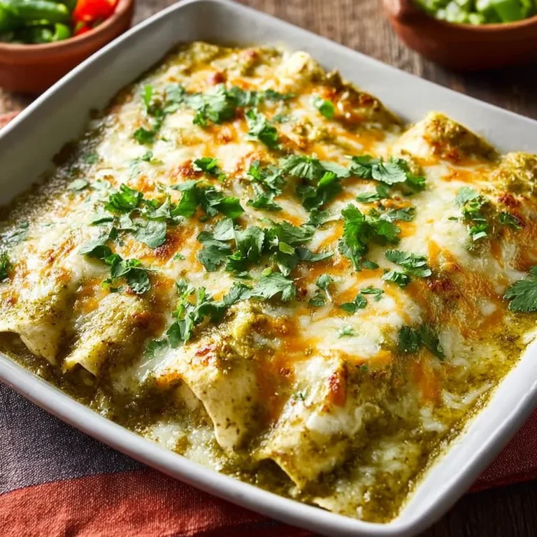 Delicious green enchiladas with chicken topped with green sauce and cheese