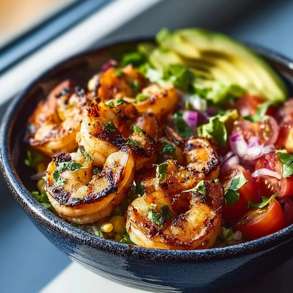 Delicious grilled shrimp bowl with colorful vegetables and sauces