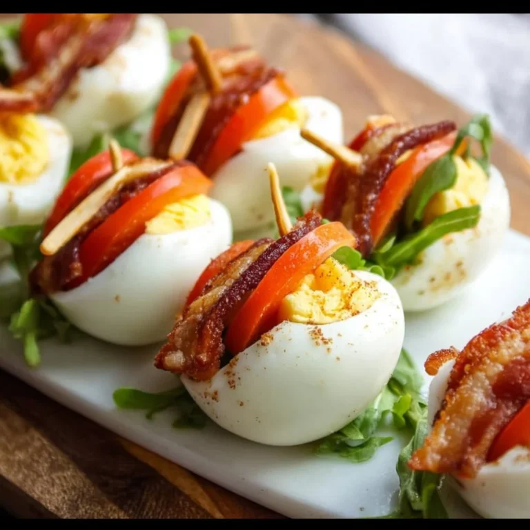 Plate of Hard Boiled Egg BLT Bites with bacon, lettuce, and tomato