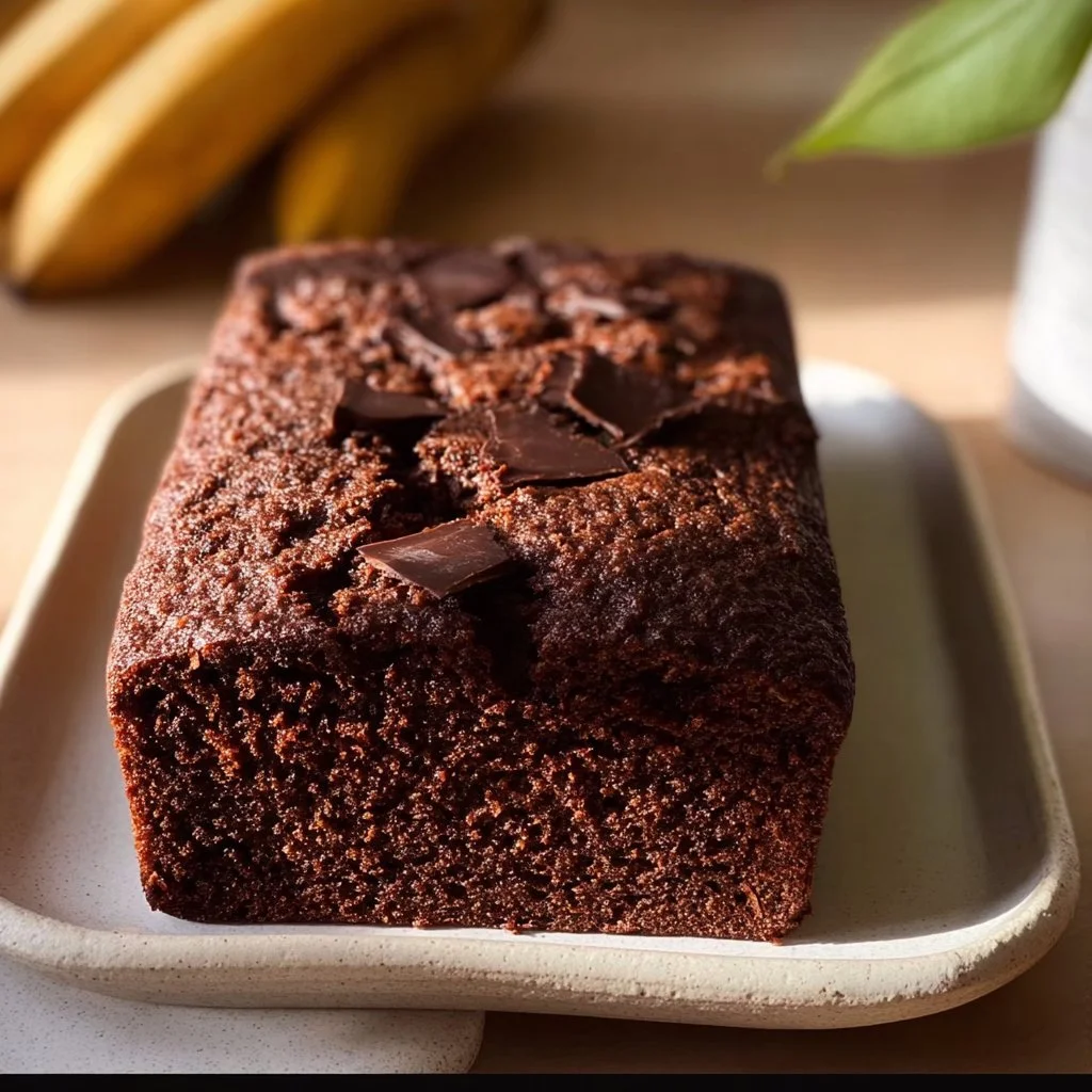 Healthy chocolate banana bread with ripe bananas and dark chocolate