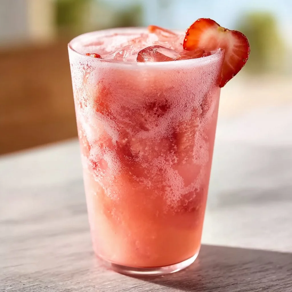 Healthy Pink Drink Strawberry Refresher made with fresh strawberries