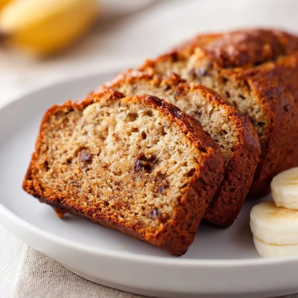 High protein banana bread sliced on a wooden board with bananas