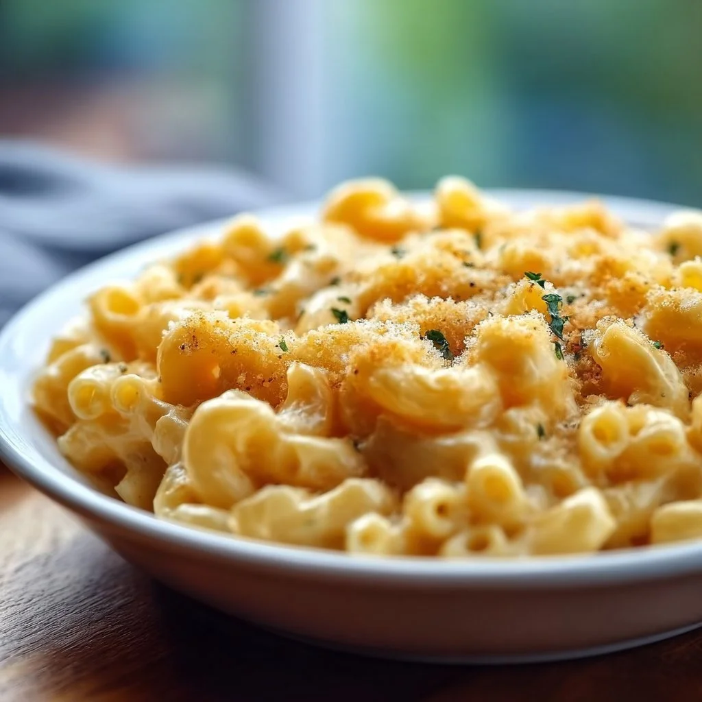 High protein mac and cheese topped with fresh herbs and cheese