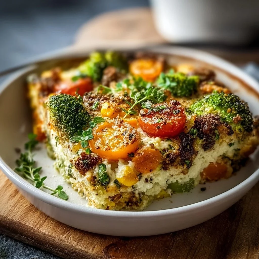 High-protein veggie bake with colorful vegetables and cheese