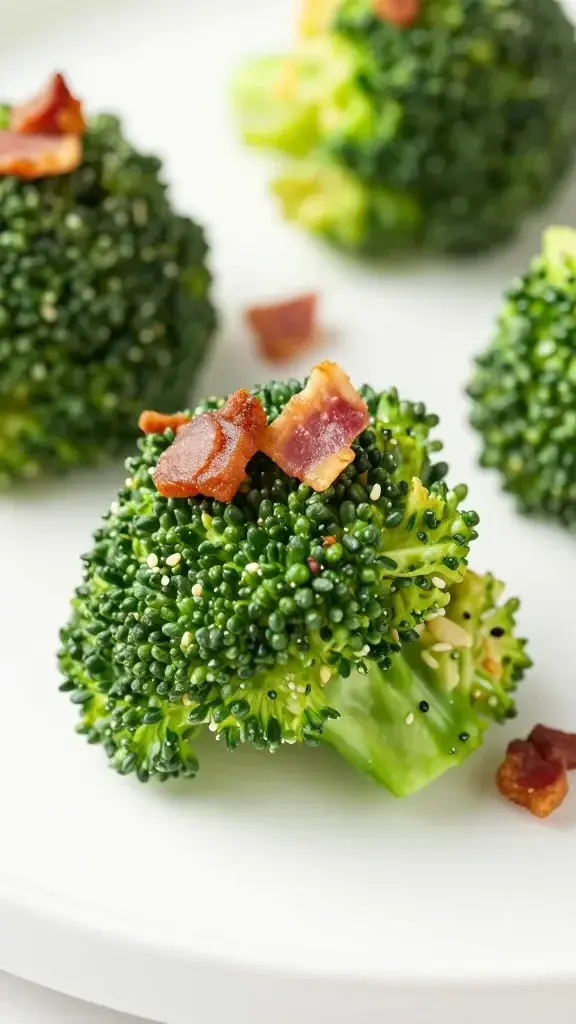 closeup of broccoli salad bite with bacon crumbles on white plate