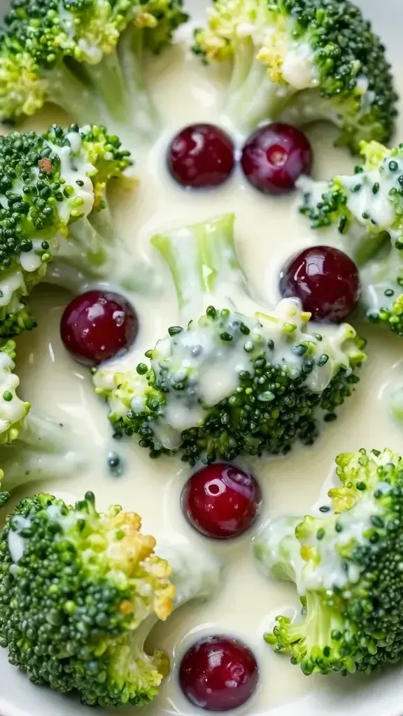 closeup of glossy cranberry-coated broccoli florets in creamy dressing