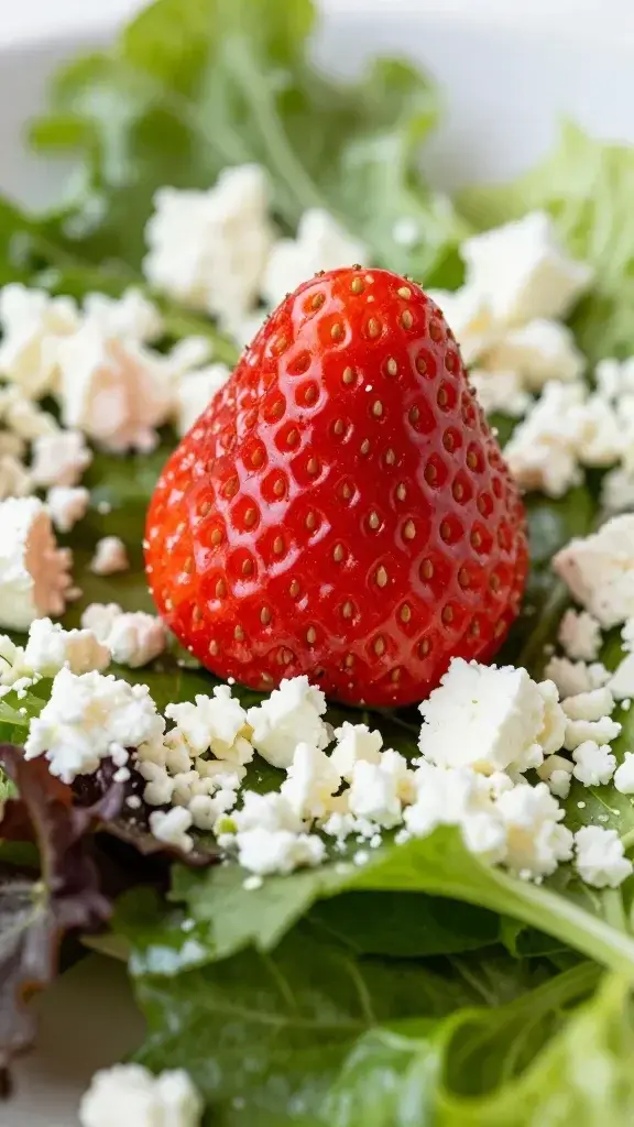 closeup of a single strawberry bell pepper red strawberry atop mixed greens with feta crumble