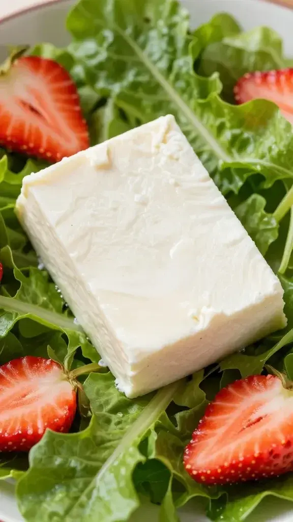 closeup of a single feta wedge on vibrant spring salad greens with strawberry slices