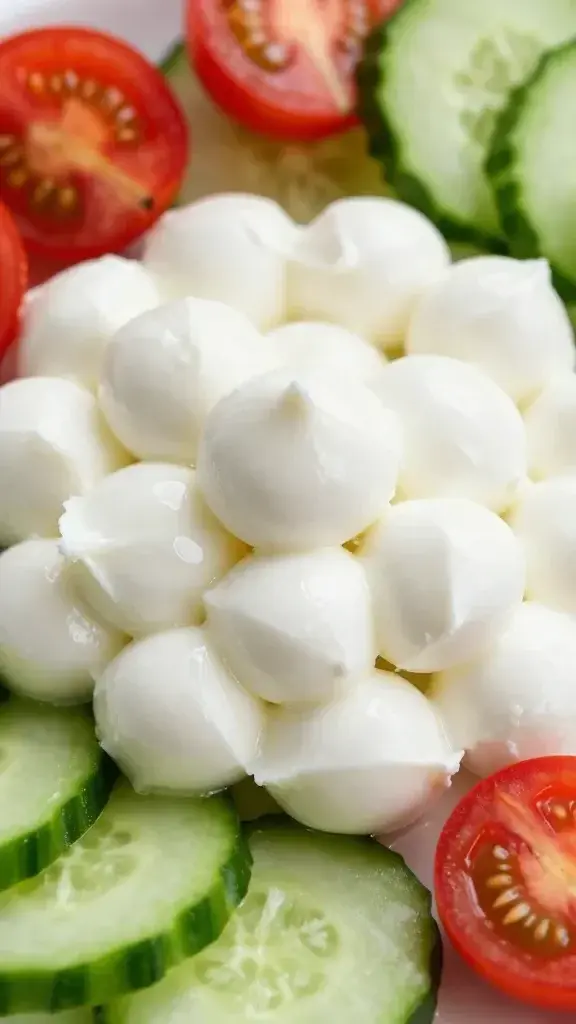 closeup of mozzarella pearl with sliced cucumber and cherry tomato halves