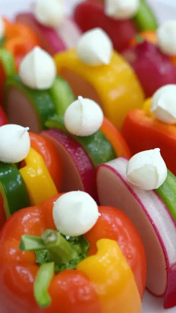 closeup of colorful bell pepper and radish ribbons with mozzarella bead toppers