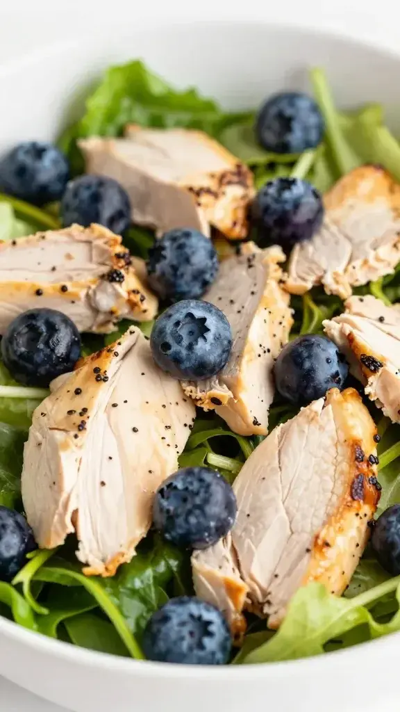 Closeup of blueberry chicken spring salad bowl focal point
