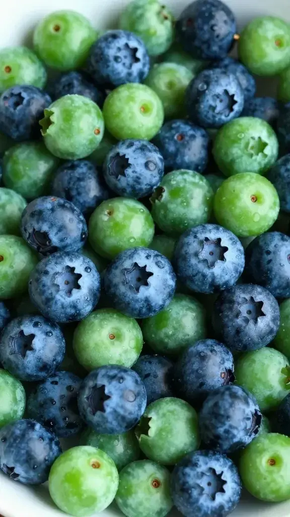 Tight shot of vibrant greens and blueberries on bowl surface