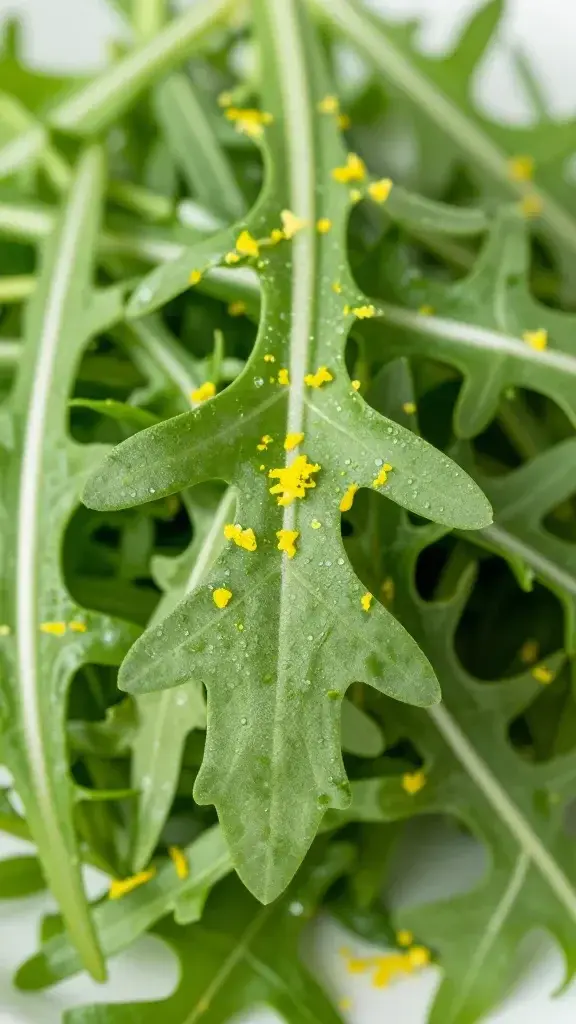 Closeup of arugula leaves with lemon zest microdusted on top