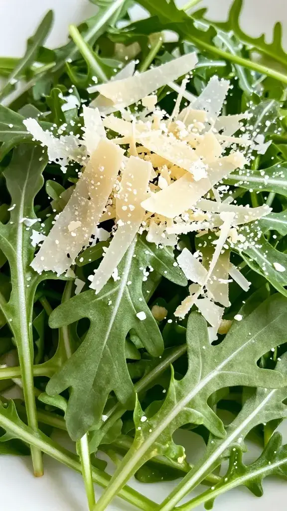 Closeup of grated Parmesan shavings over bright arugula greens