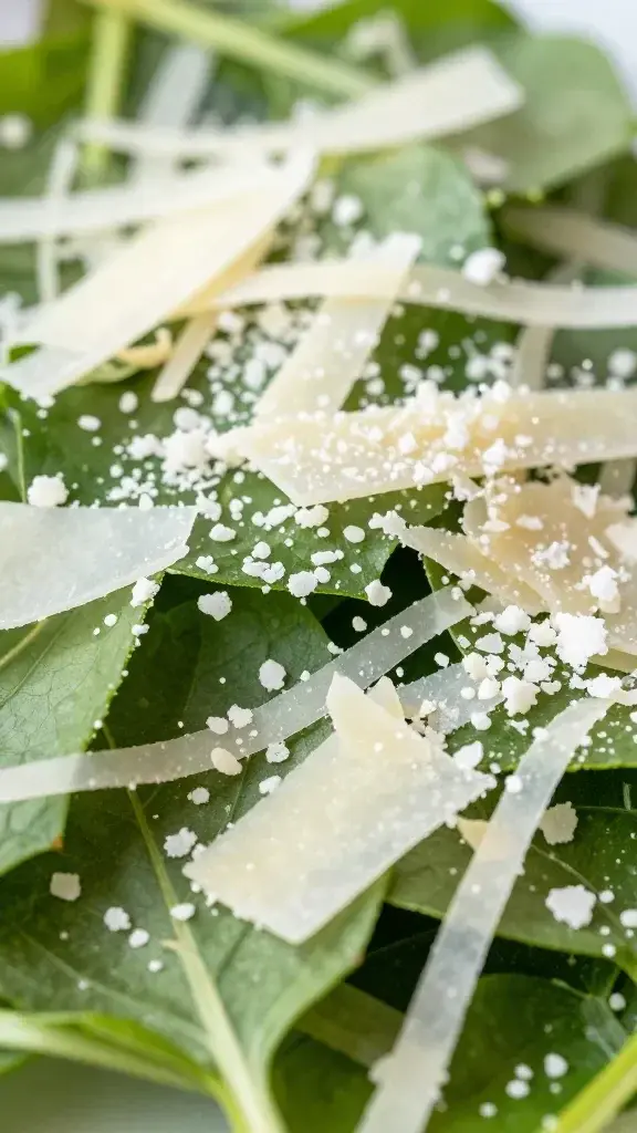 closeup of spring mix leaves with shredded parmesan curls