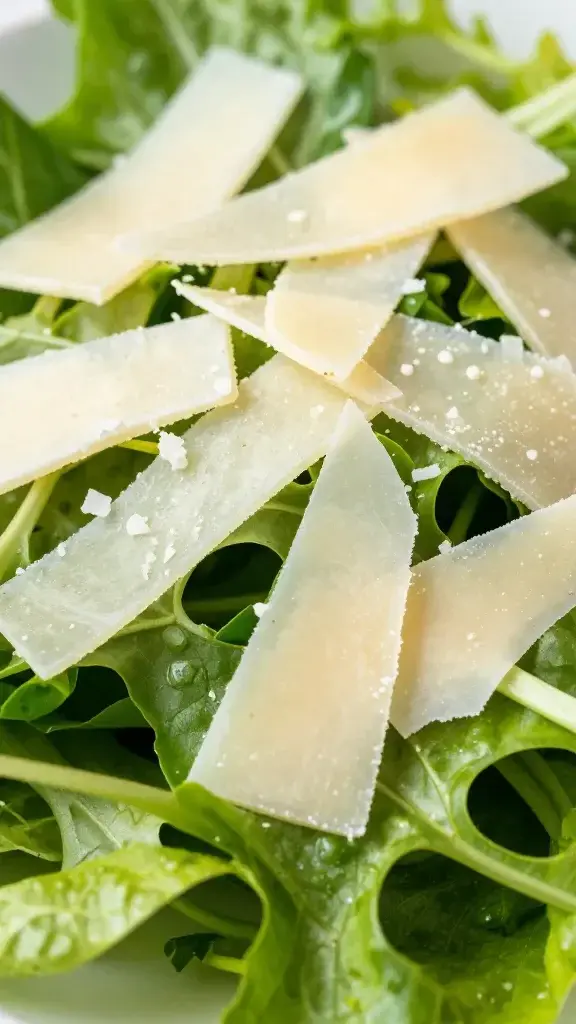 closeup of bright parmesan shavings atop green spring mix salad