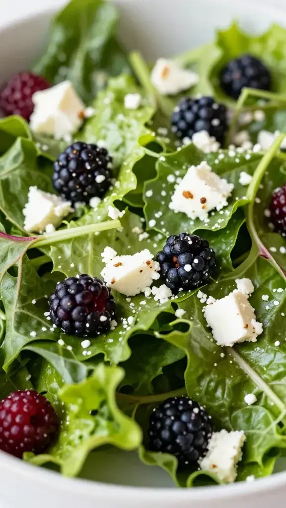 closeup of berry-taceted brunch salad greens with feta