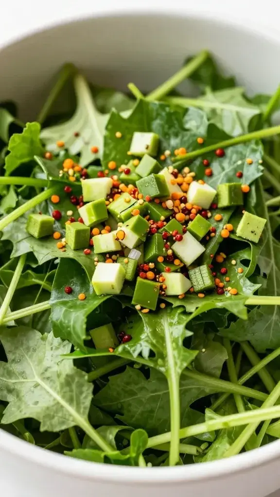 Closeup of a single chopped salad bowl with bright greens and crunchy toppings