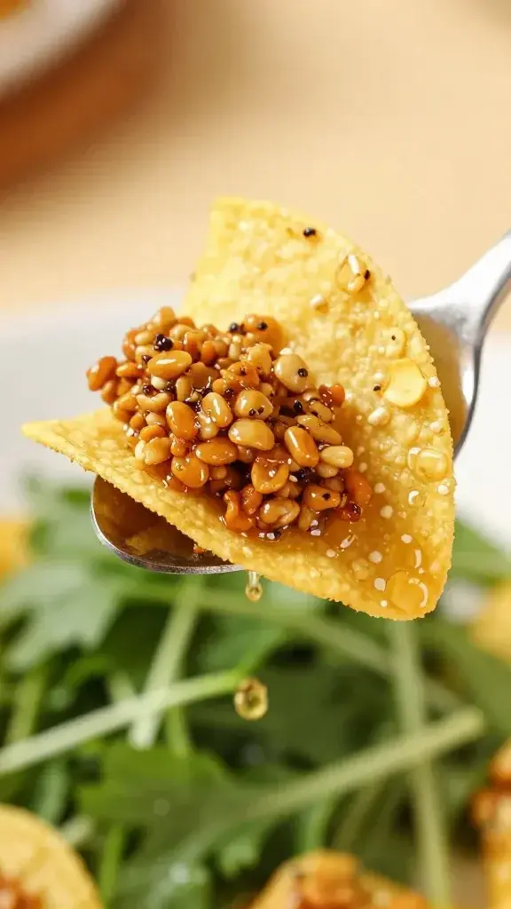 Closeup of a single crispy tortilla topping cluster drip on a spoon atop greens