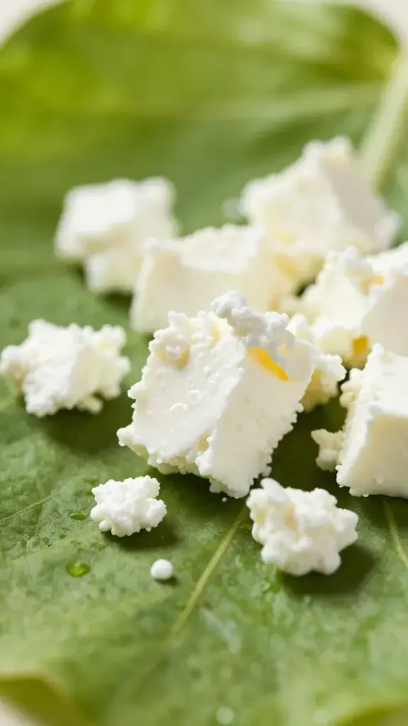 Closeup of feta crumbles on bright spring greens