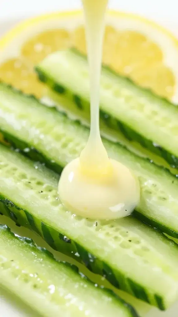 Closeup of lemon-herb dressing drizzle over cucumber ribbons