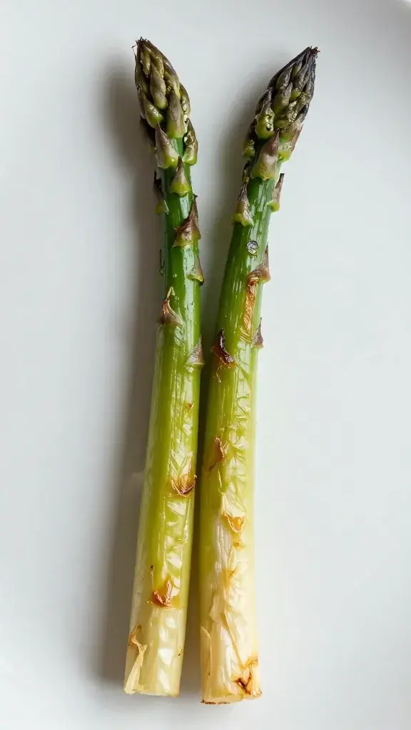 closeup of a single roasted asparagus spear with blistered edges on a light plate