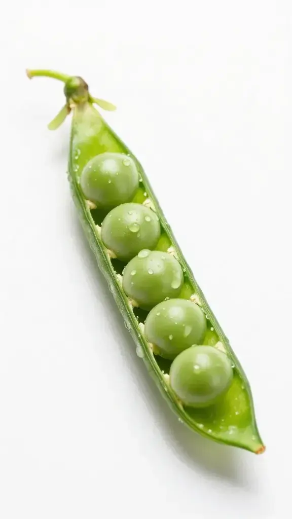 closeup of a single pea pod with dewdrops on a white surface