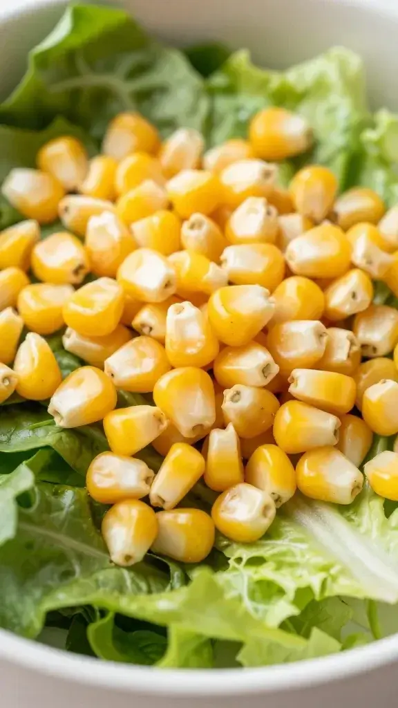 closeup of corn kernels sprinkled over spring salad bowl