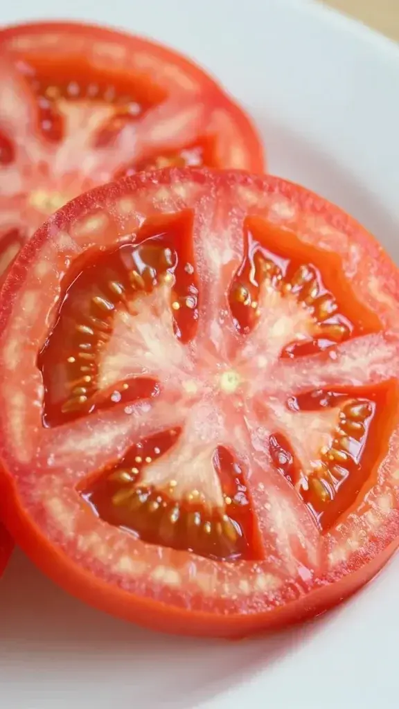closeup of juicy tomato slice highlights on salad plate