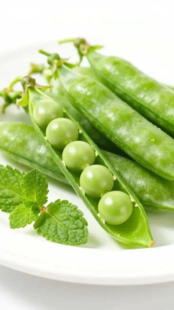 Closeup of bright pea pods with mint leaves on white plate