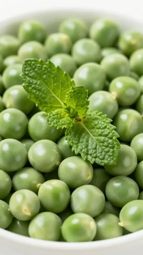 Closeup of mint sprigs resting beside green peas in bowl
