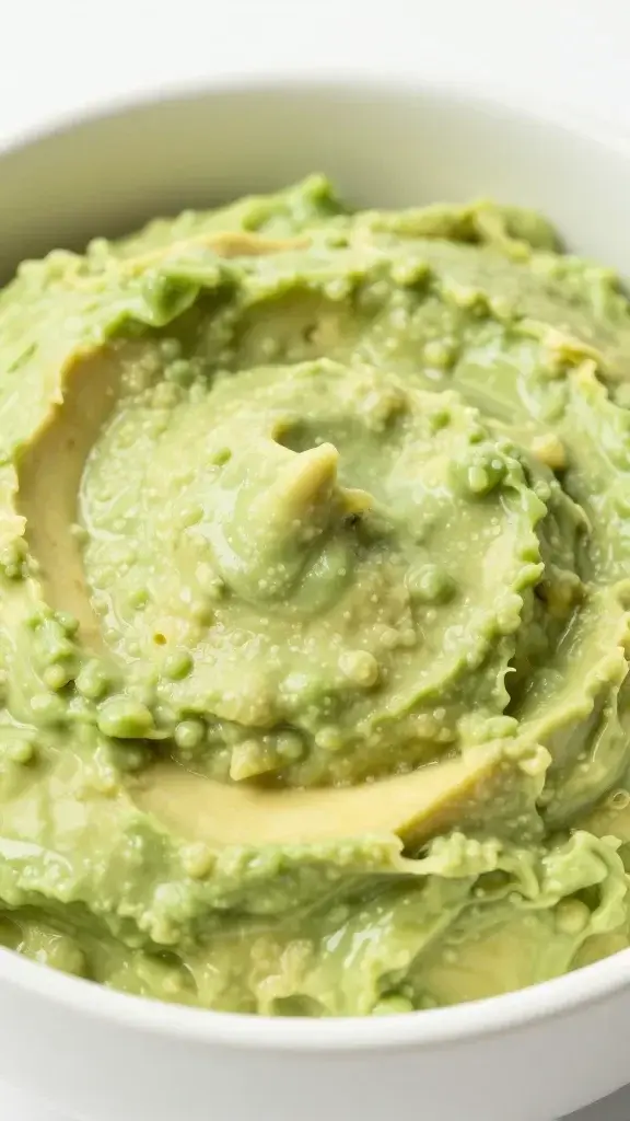 closeup of creamy avocado bowl texture in a white bowl
