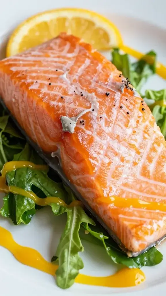 closeup of flaky salmon fillet resting on greens with citrus drizzle