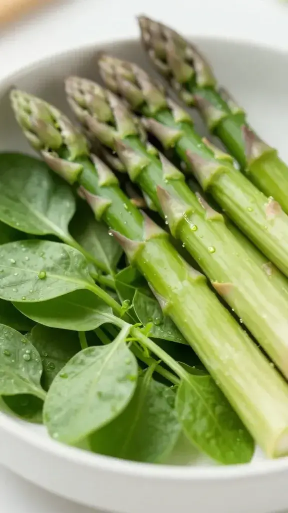 closeup of crisp asparagus spear beside vibrant spring greens on bowl edge