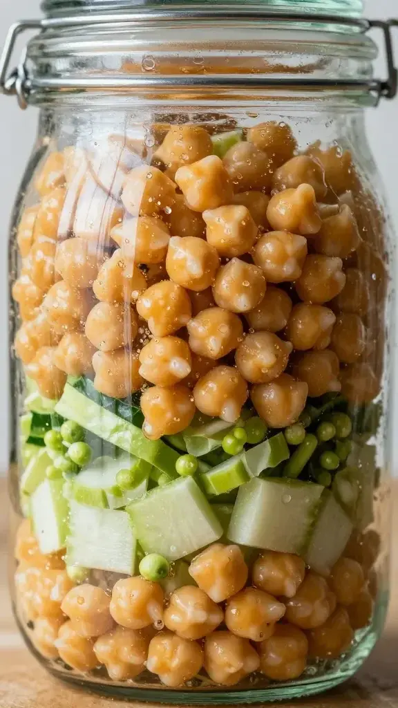 Close-up of a soaked salad jar with chickpeas, crisp veggies