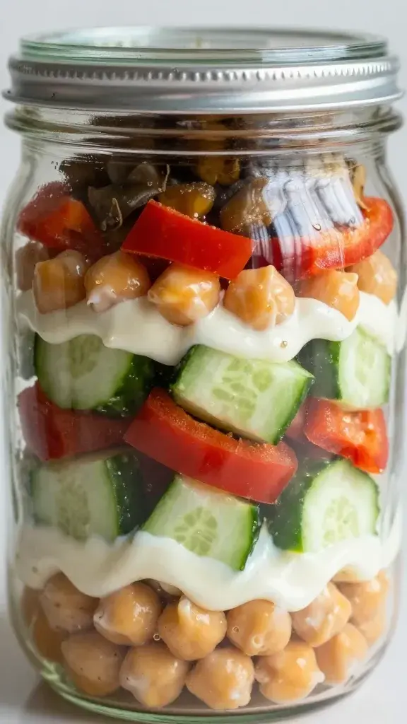 Tight shot of jar salad layers: cucumbers, peppers, chickpeas, dressing