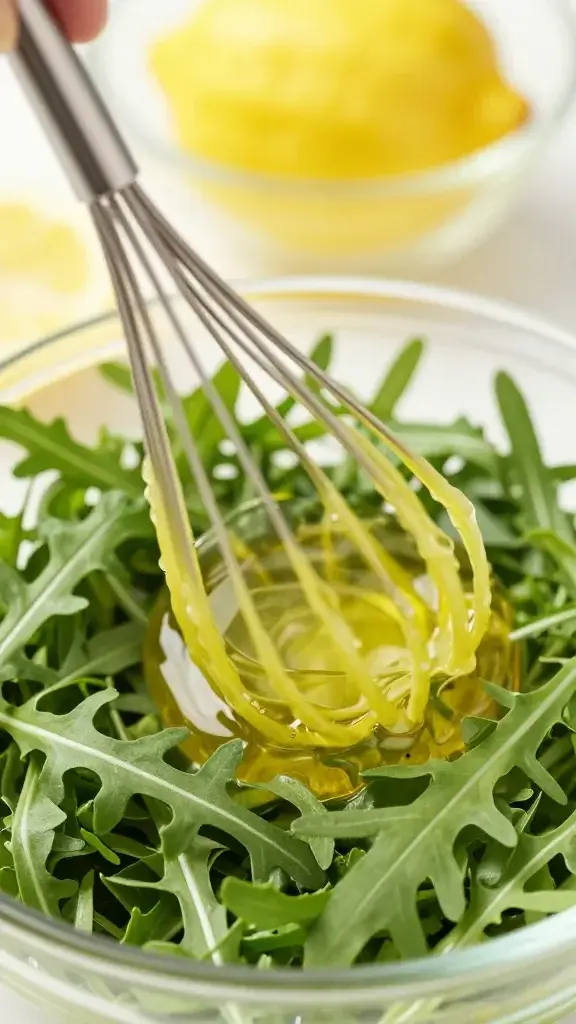 Closeup of lemon juice being whisked with olive oil over arugula toppings