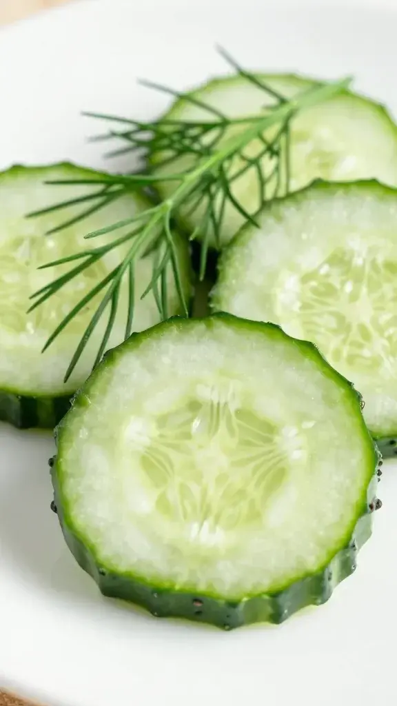 closeup cucumber slices with dill sprigs on white plate