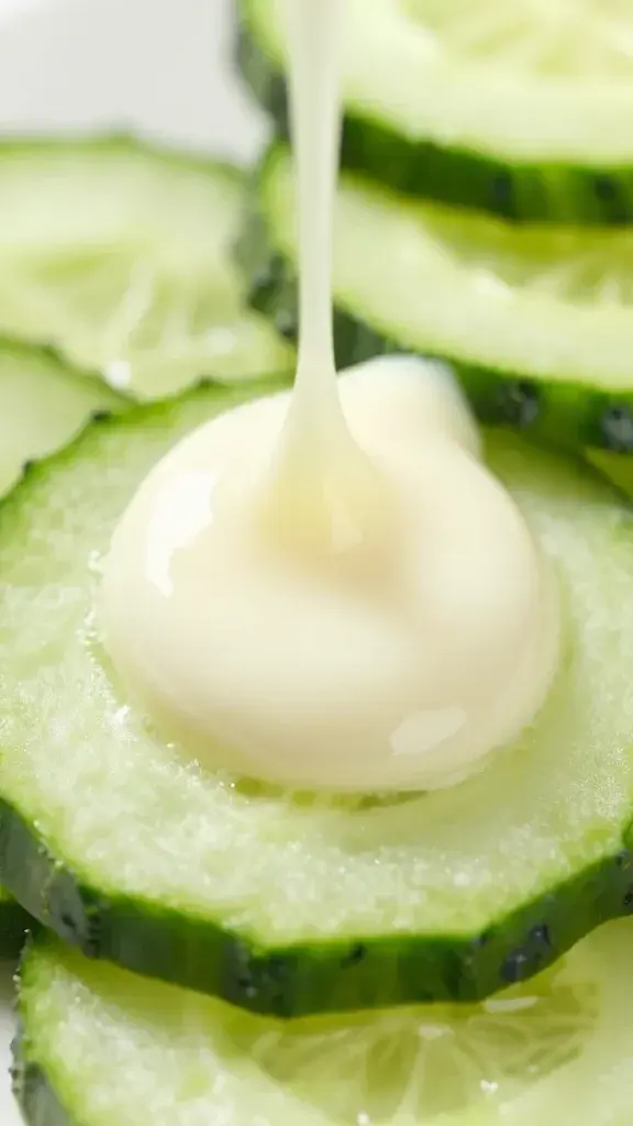 macro shot of lemon-dill dressing drizzle over cucumber chips