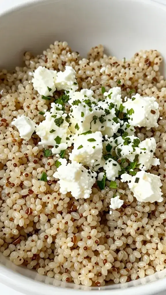 Closeup quinoa bowl with feta and herbs, bright lighting