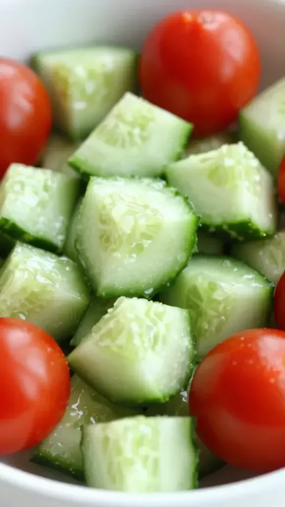 Macro shot of cucumber dice and cherry tomatoes in bowl