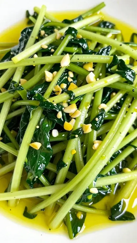Closeup: cooked spring mix with garlic in olive oil