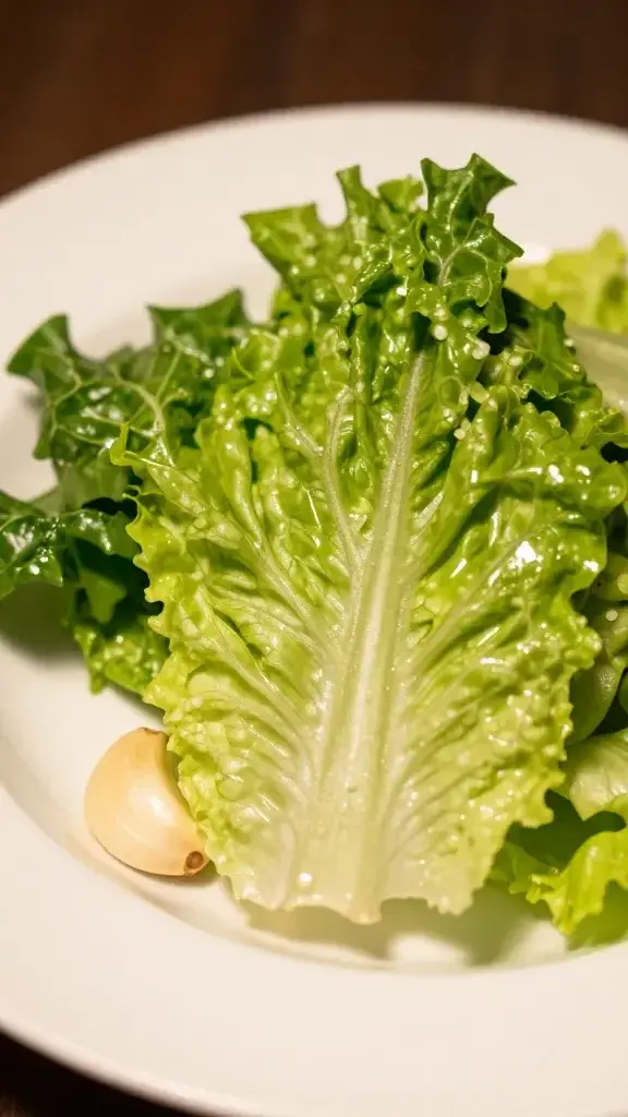 Closeup: single warm salad greens on white plate with garlic